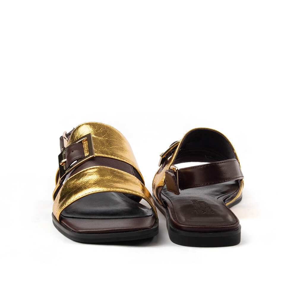 Women's Howard Shawn gold buckle flat sandals chocolate leather strap