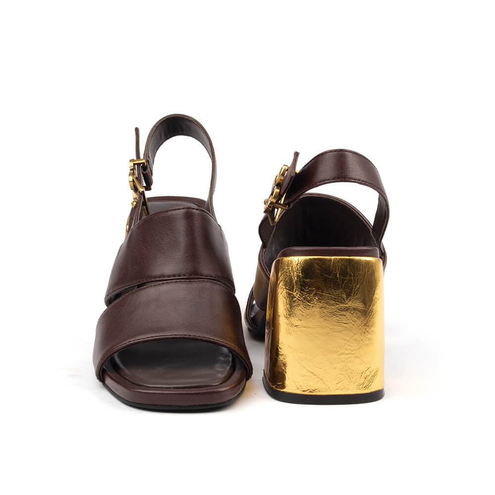 Women's Howard Shawn gold block heel sandals brown leather cross-strap