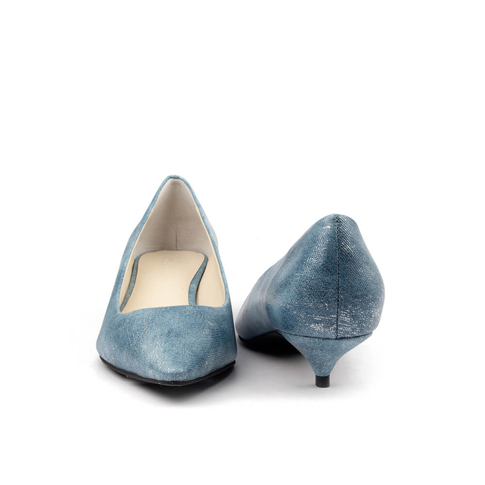 Women's occasion kitten heels ice shimmer blue metallic pointed pump