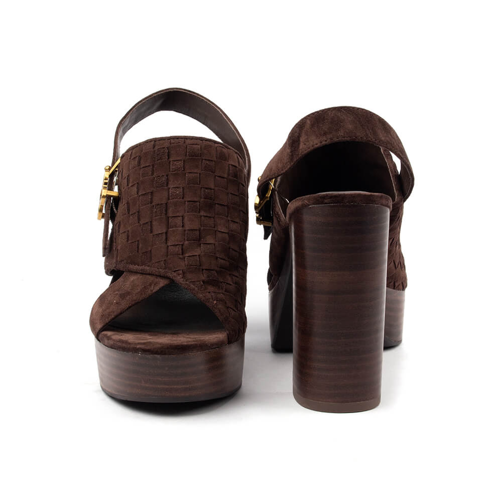Dark truffle suede intrecciato vamp platform sandals gold logo charm