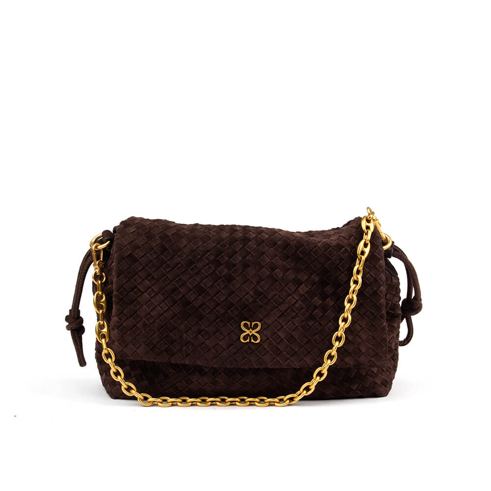 Chocolate woven suede flap handbag gold chain strap tassel tie sides