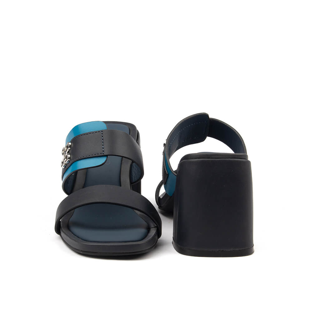 Navy teal leather double band block heel mule sandals Howard Shawn