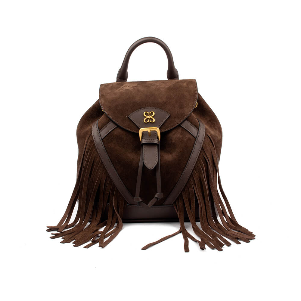Suede Fringe Backpack with Buckle Flap & Logo Hardware — Boho Leather Bag