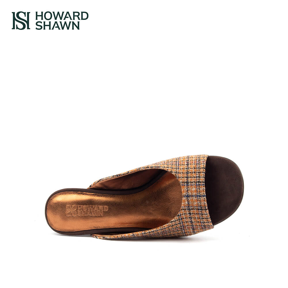 Warm plaid tweed strap mules chocolate brown sculpted suede wedge