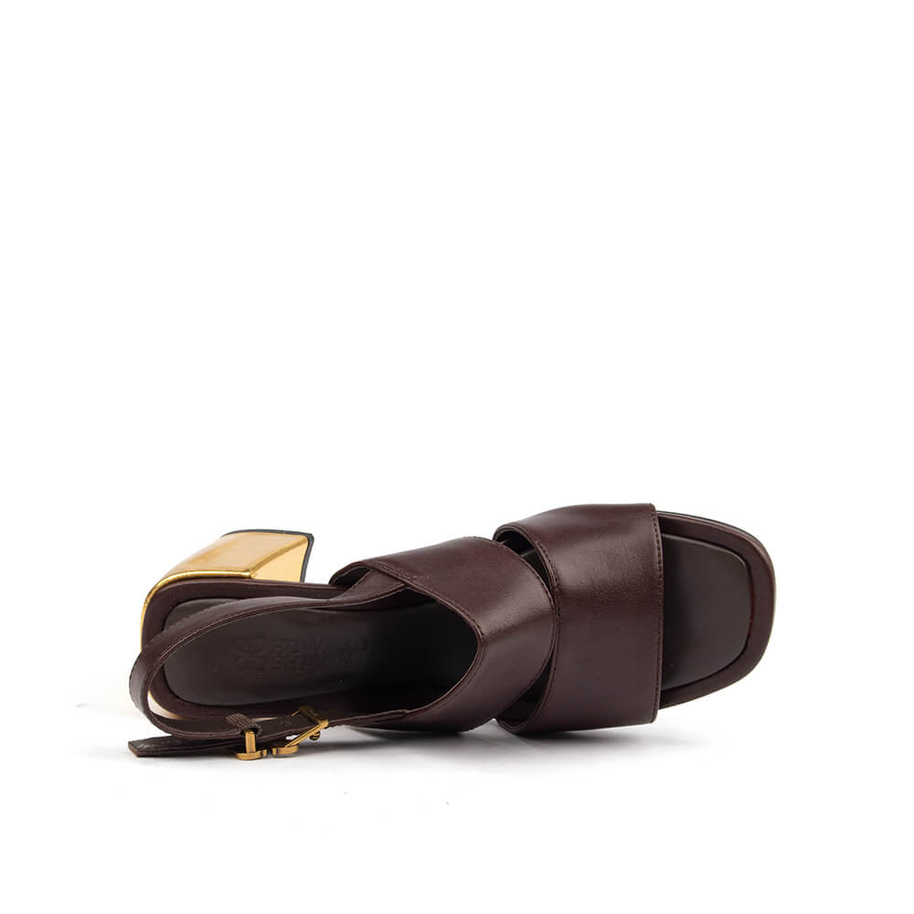 Dark chocolate leather sandals gold metallic block heel HS logo women