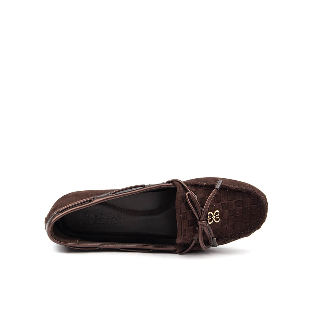 Dark truffle woven suede loafers metallic leather bow Howard Shawn