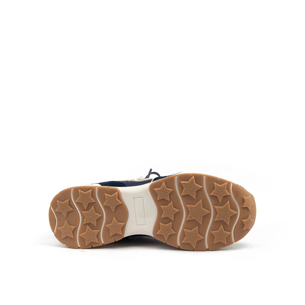 Navy drift Howard Shawn runner sneakers white HS monogram caramel tongue