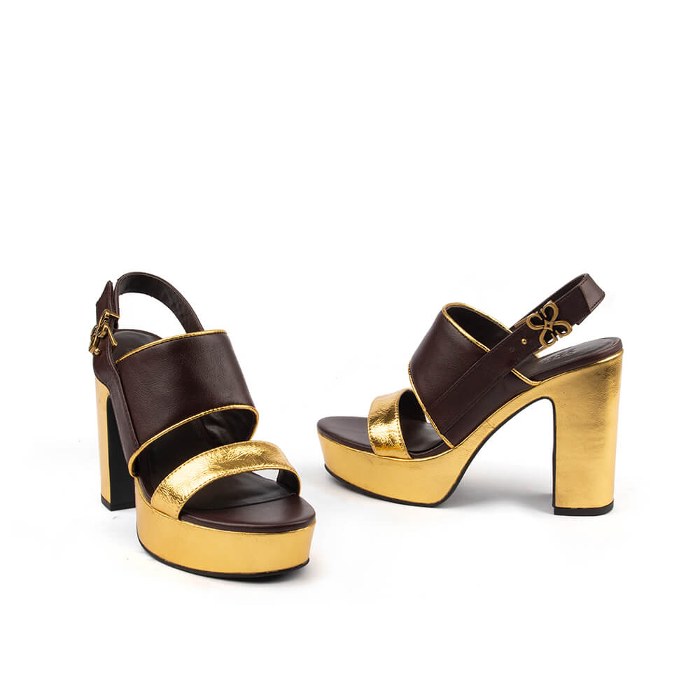 Espresso brown leather sandals gold metallic platform block heel women