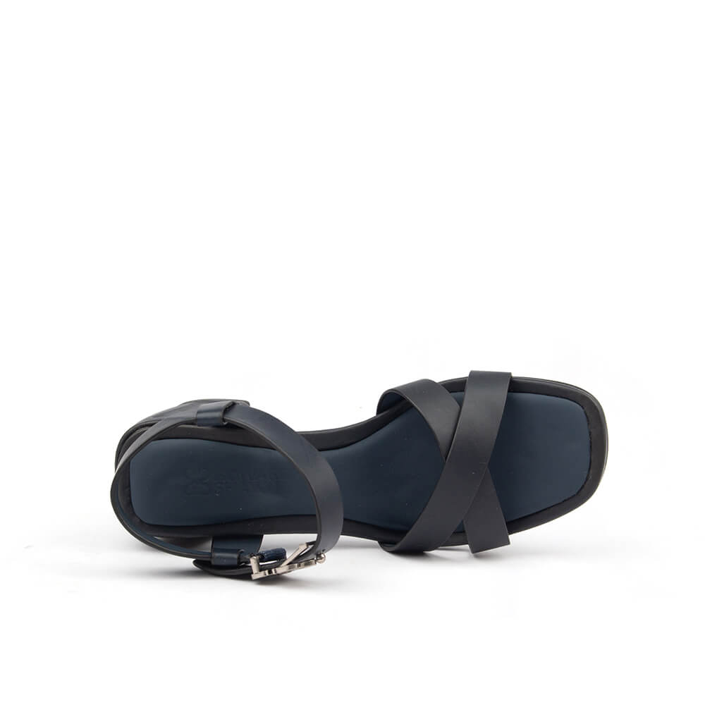 Midnight navy leather double cross-strap block heel sandals Howard Shawn