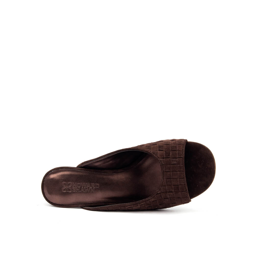Dark truffle basket weave suede mules curved sculpted wedge women