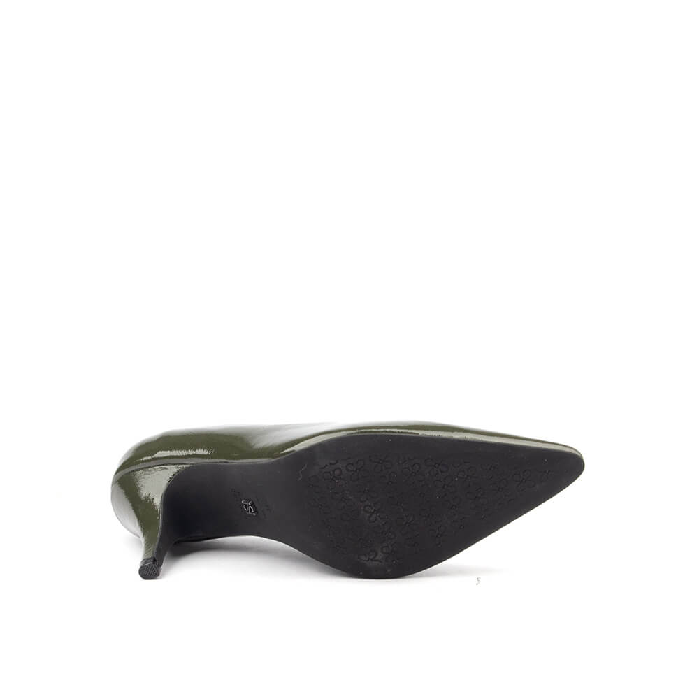 Women's work heels olive patent leather pointed court pump mid heel