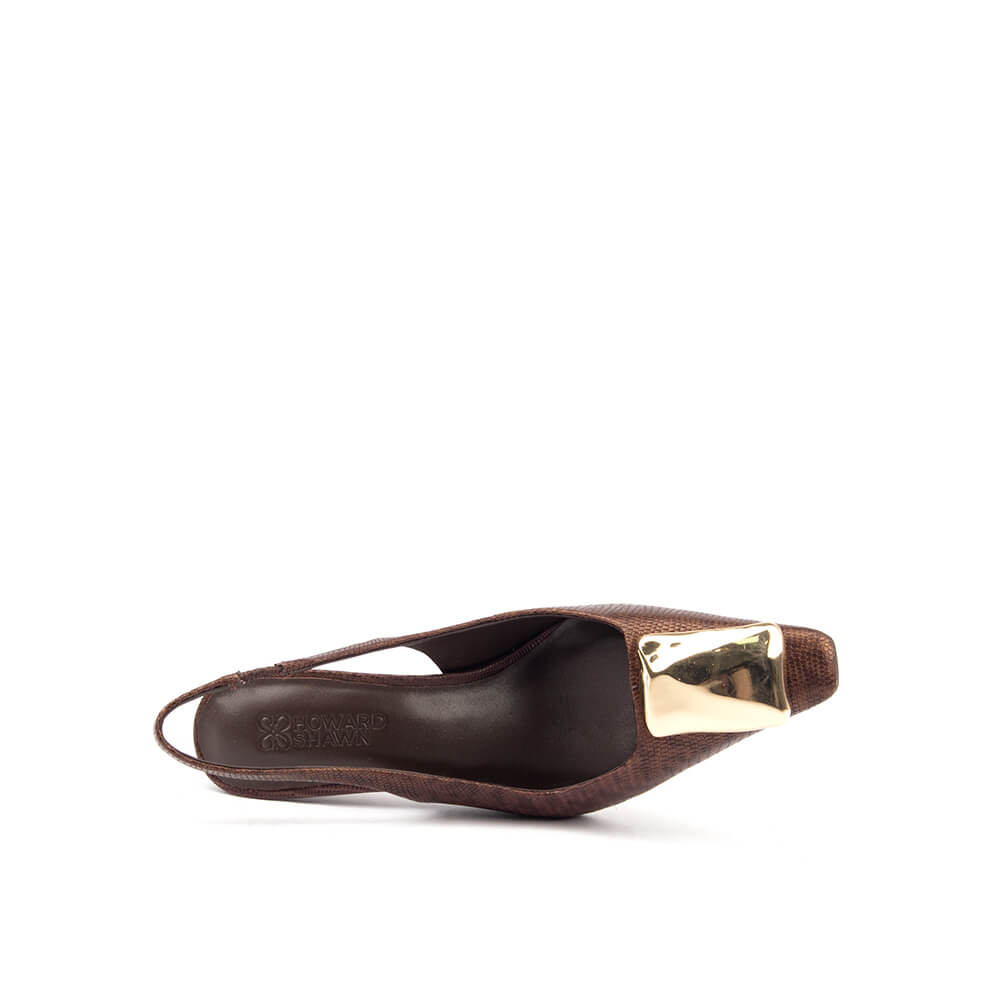 Brown metallic lizard leather slingback pumps gold bar pointed toe women