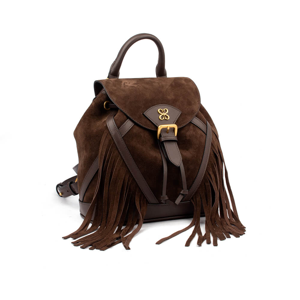 Suede fringe backpack in mocha brown with gold buckle and logo hardware