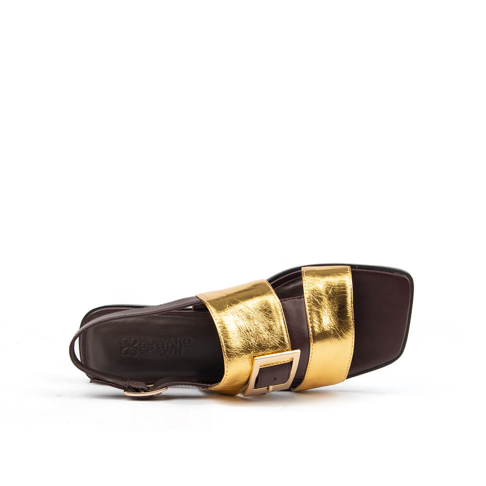 Gold metallic double buckle flat sandals dark brown slingback women