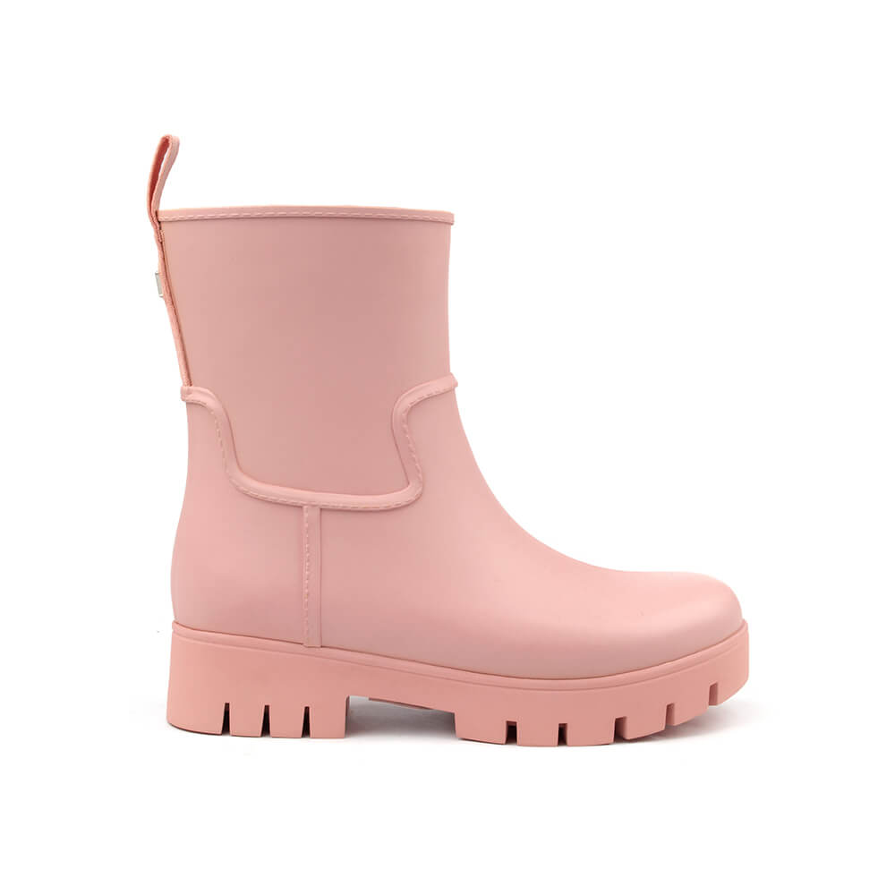 Women's blush petal pink chunky lug sole mid rain boots matte rubber