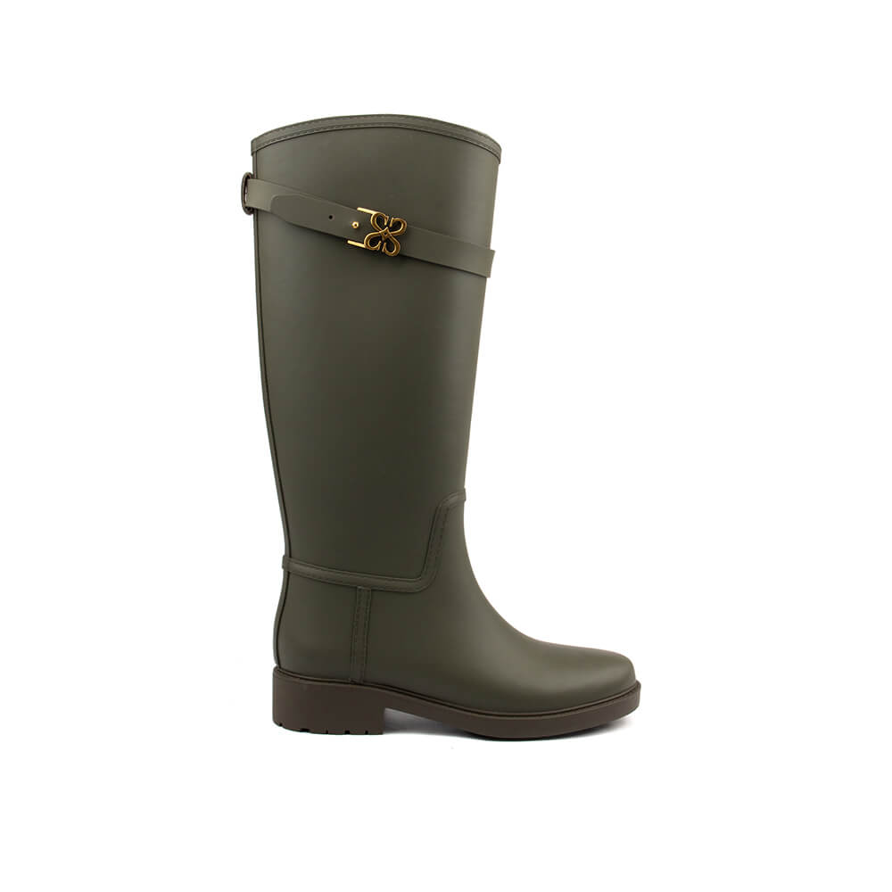 Howard Shawn military khaki knee-high rain boots gold HS logo buckle
