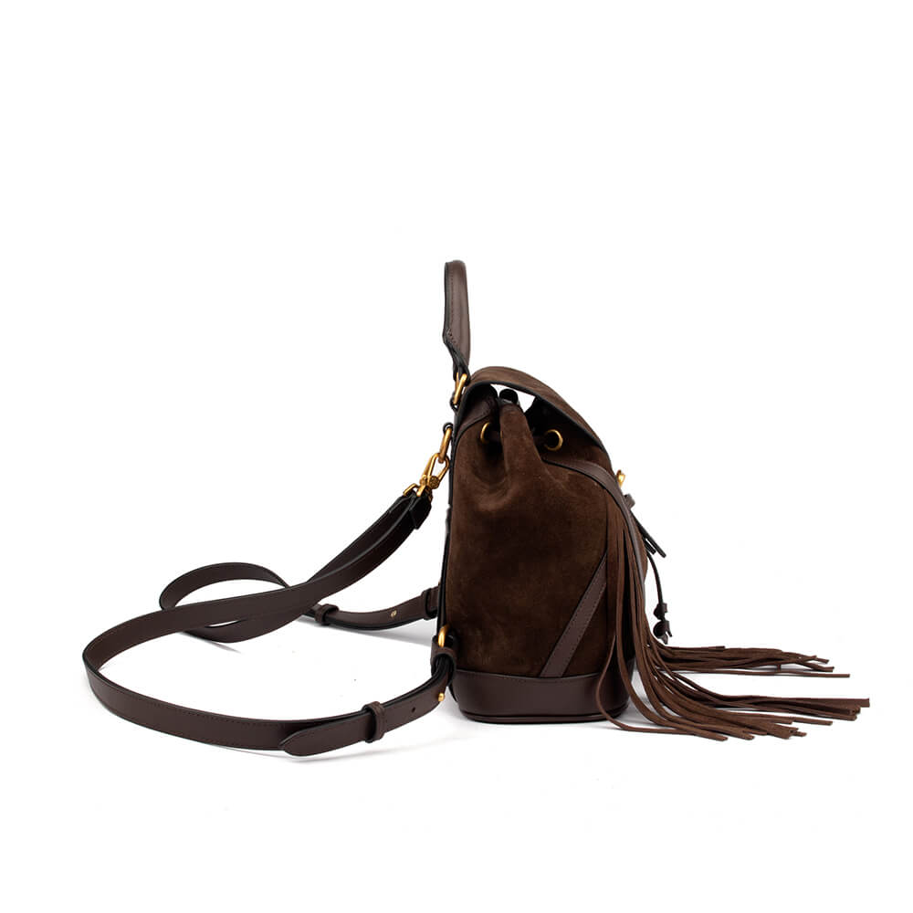 Suede fringe backpack in mocha brown with gold buckle and logo hardware