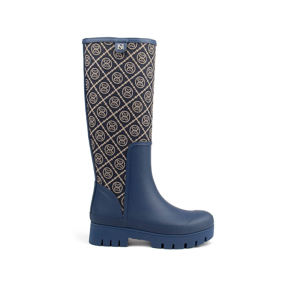 Howard Shawn navy monogram dark knee-high rain boots HS jacquard deep