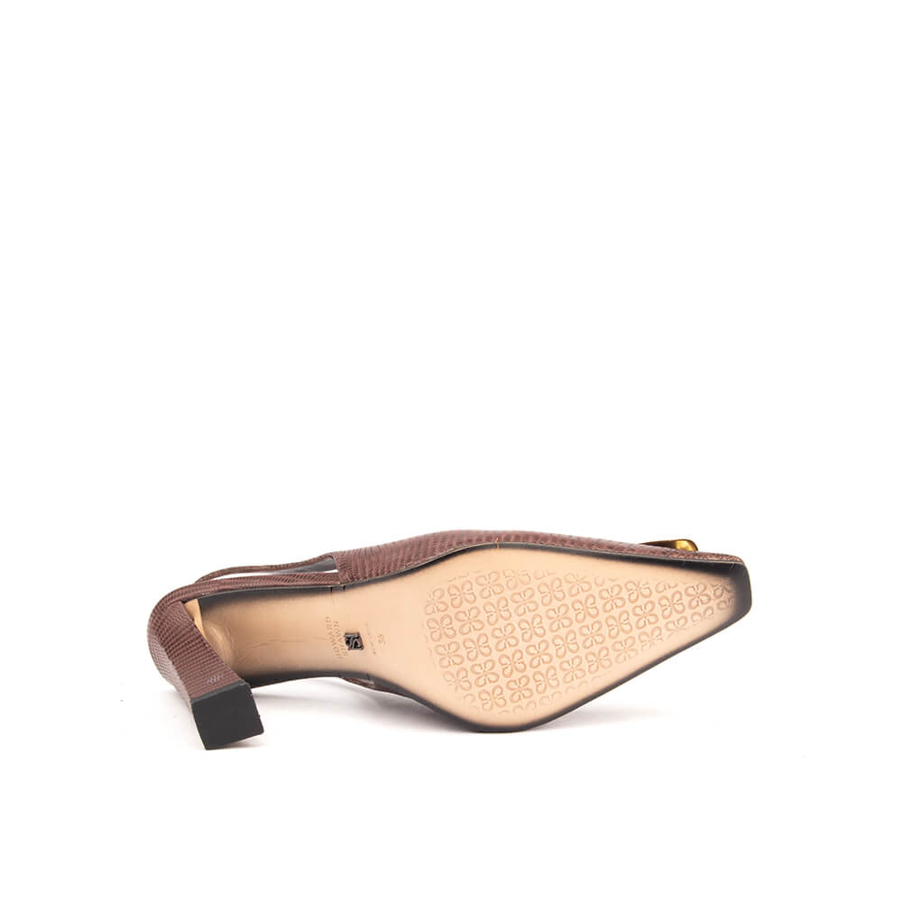 Women's statement block heel slingback dark mocha lizard gold bar