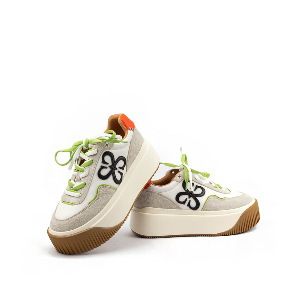 Howard Shawn white chunky sole trainers green laces orange heel tab