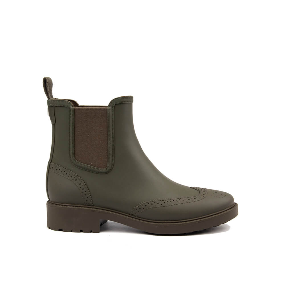 Women's olive field brogue Chelsea rain boots khaki green waterproof