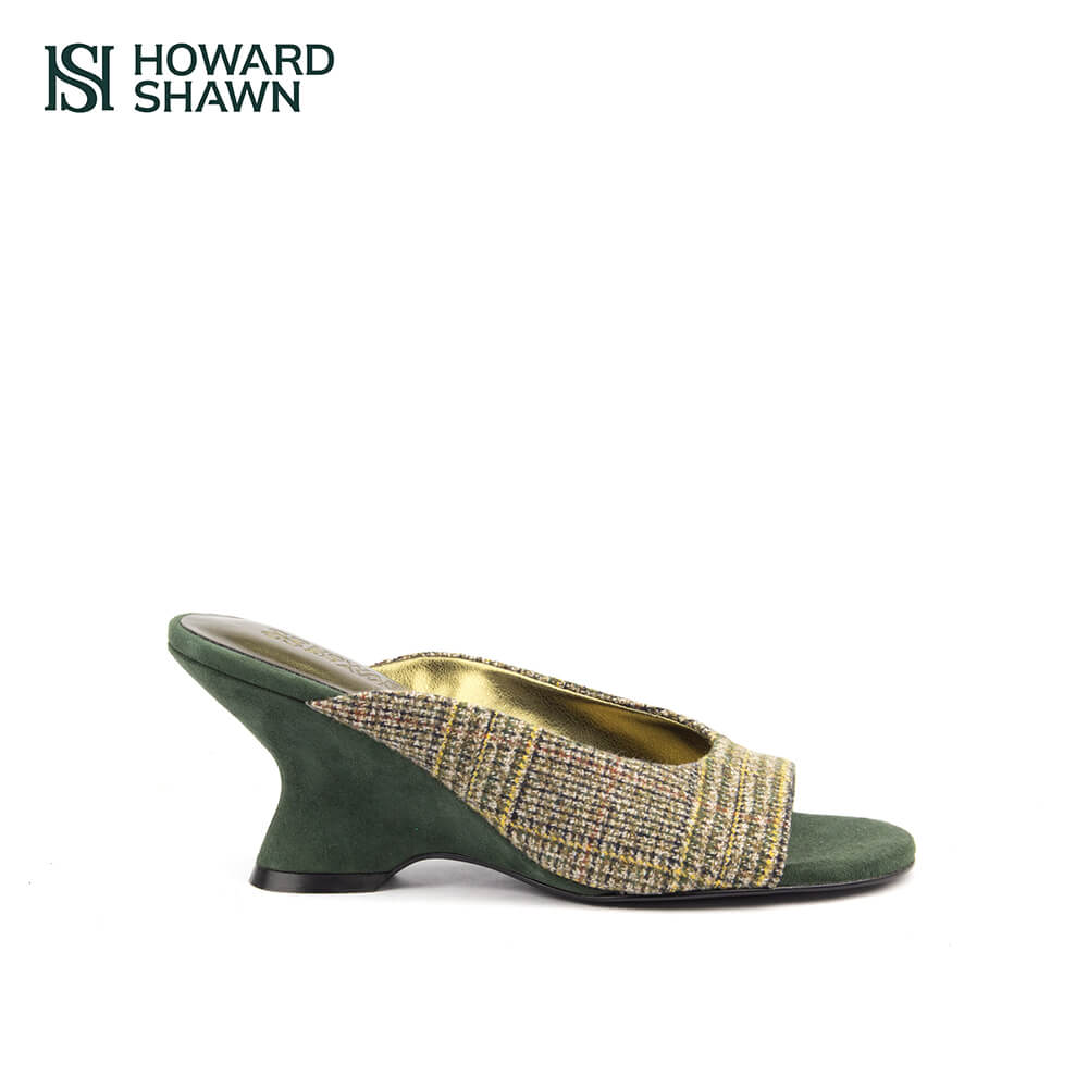 Women's forest tweed suede sculpted wedge mules open toe green
