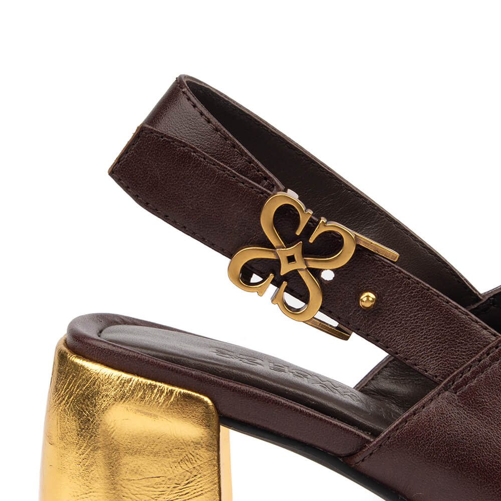 Howard Shawn signature gold heel sandals brown cross-strap slingback