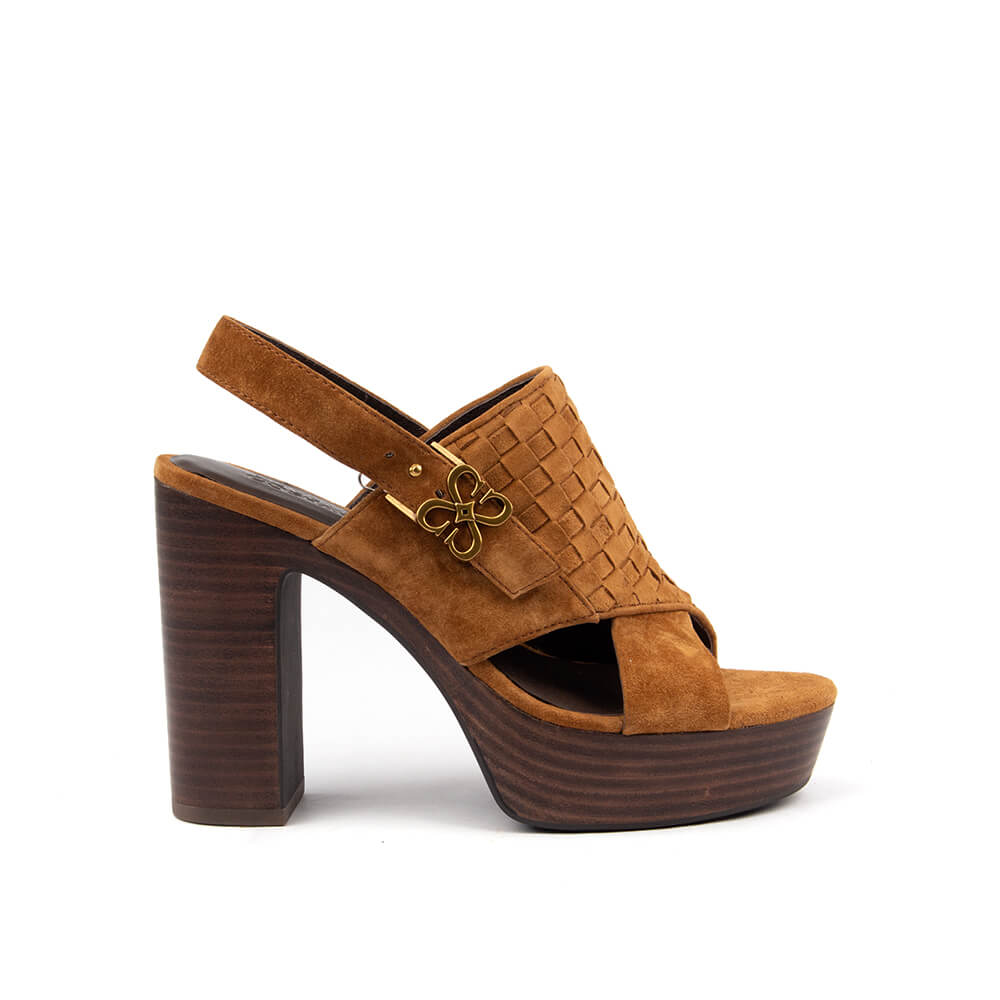 Women's cognac weave woven suede platform block heel sandals tan