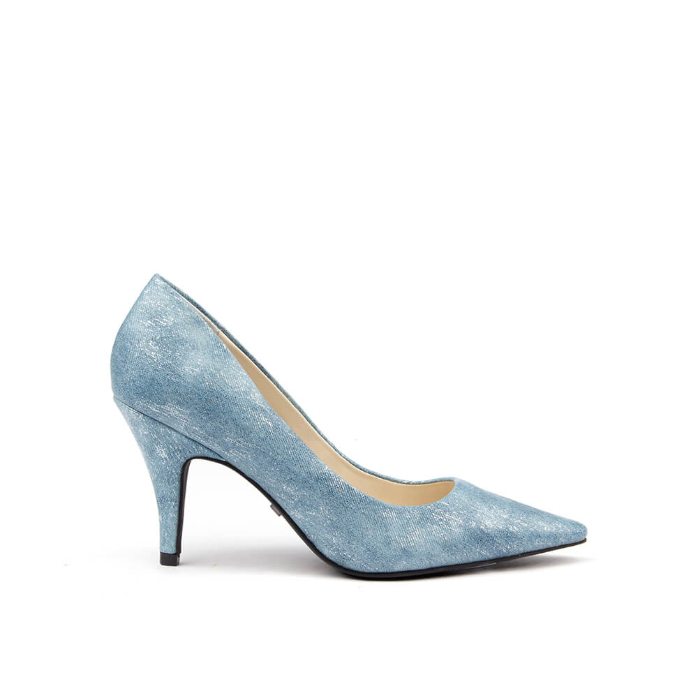Women's azure mist blue shimmer pointed toe court pump mid heel