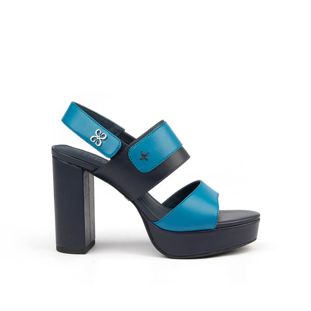 Women's teal navy double strap platform block heel sandals color block