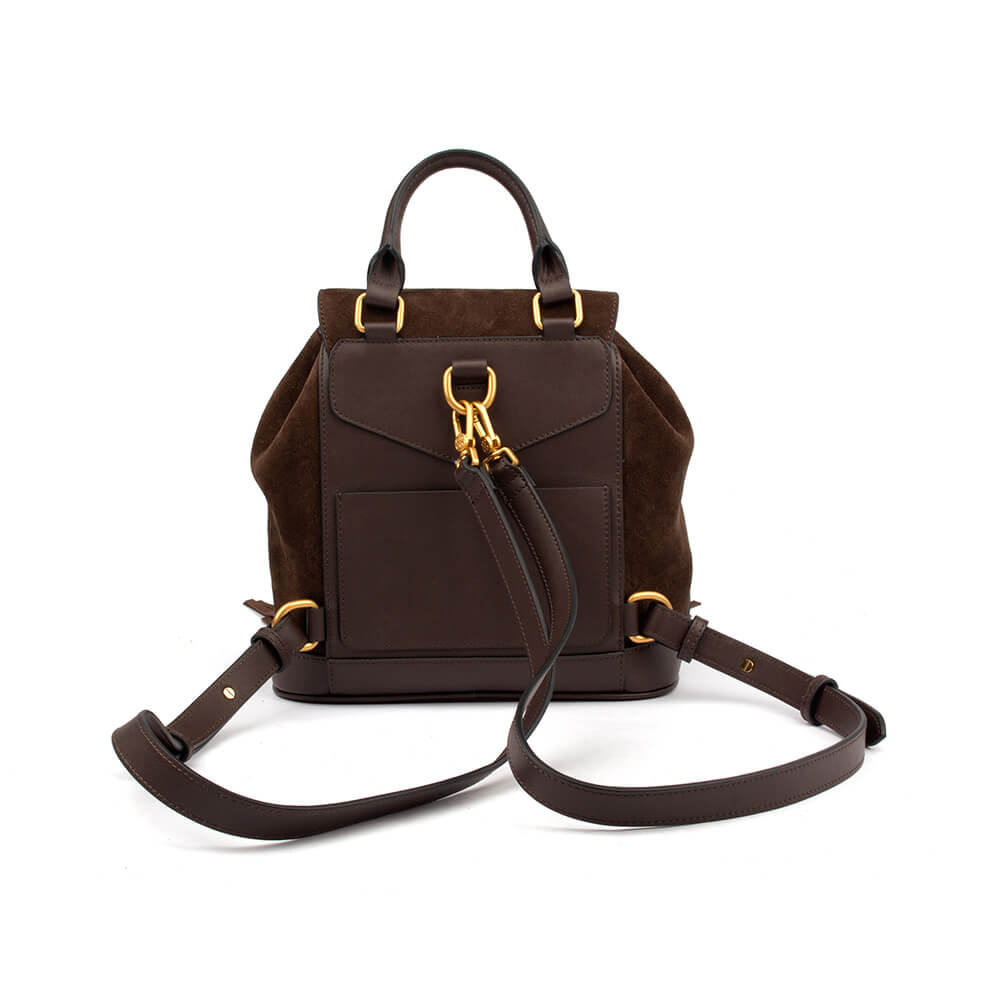Suede fringe backpack in mocha brown with gold buckle and logo hardware