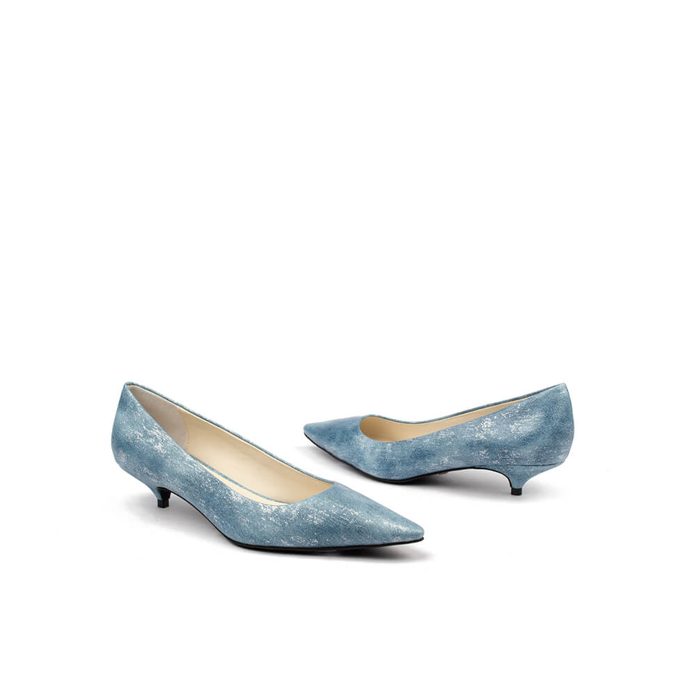 Women's elegant pointed toe kitten heel pumps blue metallic shimmer
