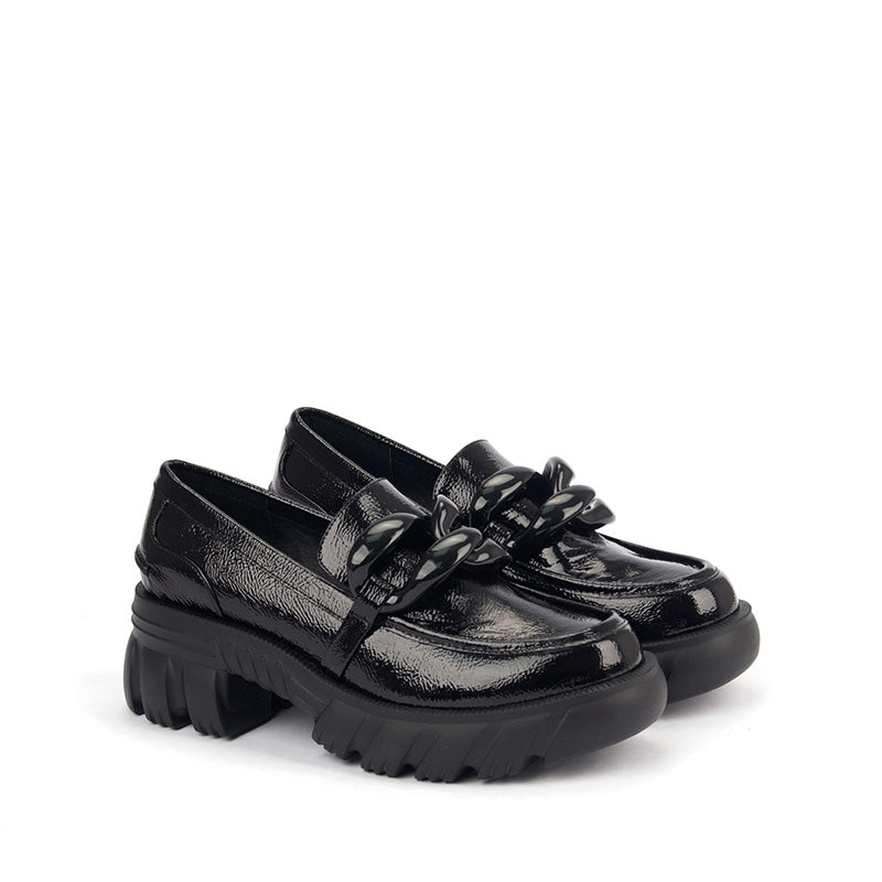 Black Patterned Leather Loafers with Big Buckle