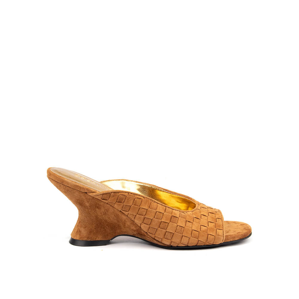 Women's cognac gold woven suede sculpted wedge mules intrecciato
