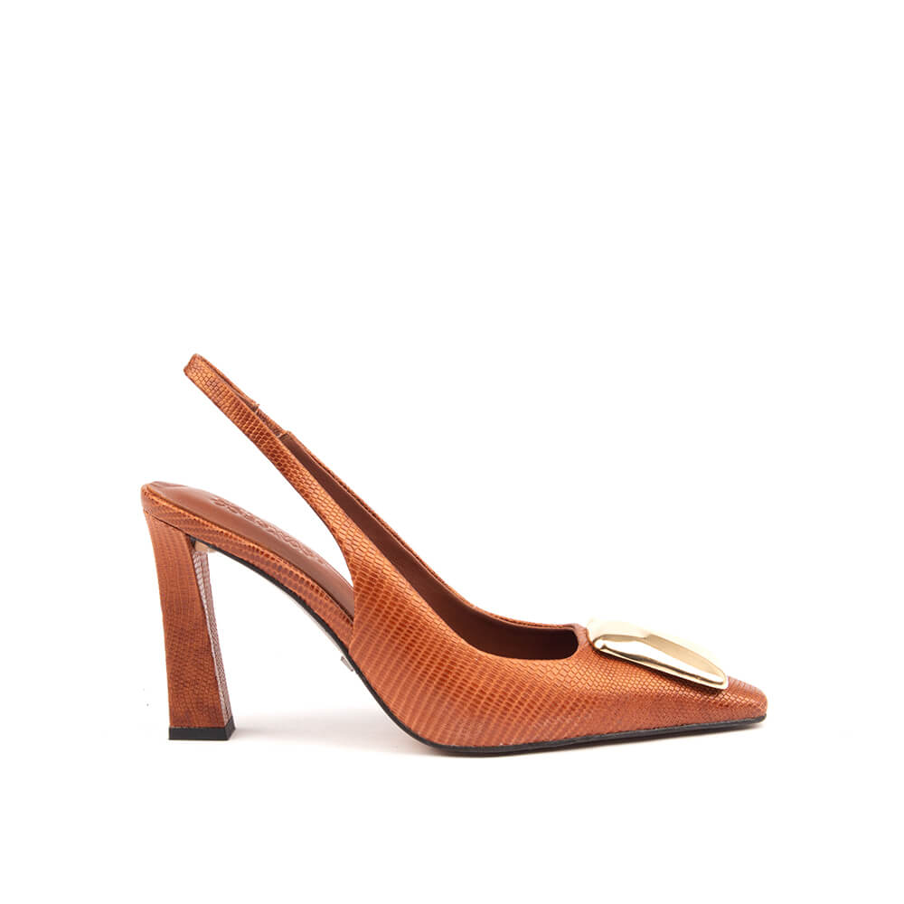 Women's burnt sienna lizard print block heel slingback pumps gold bar