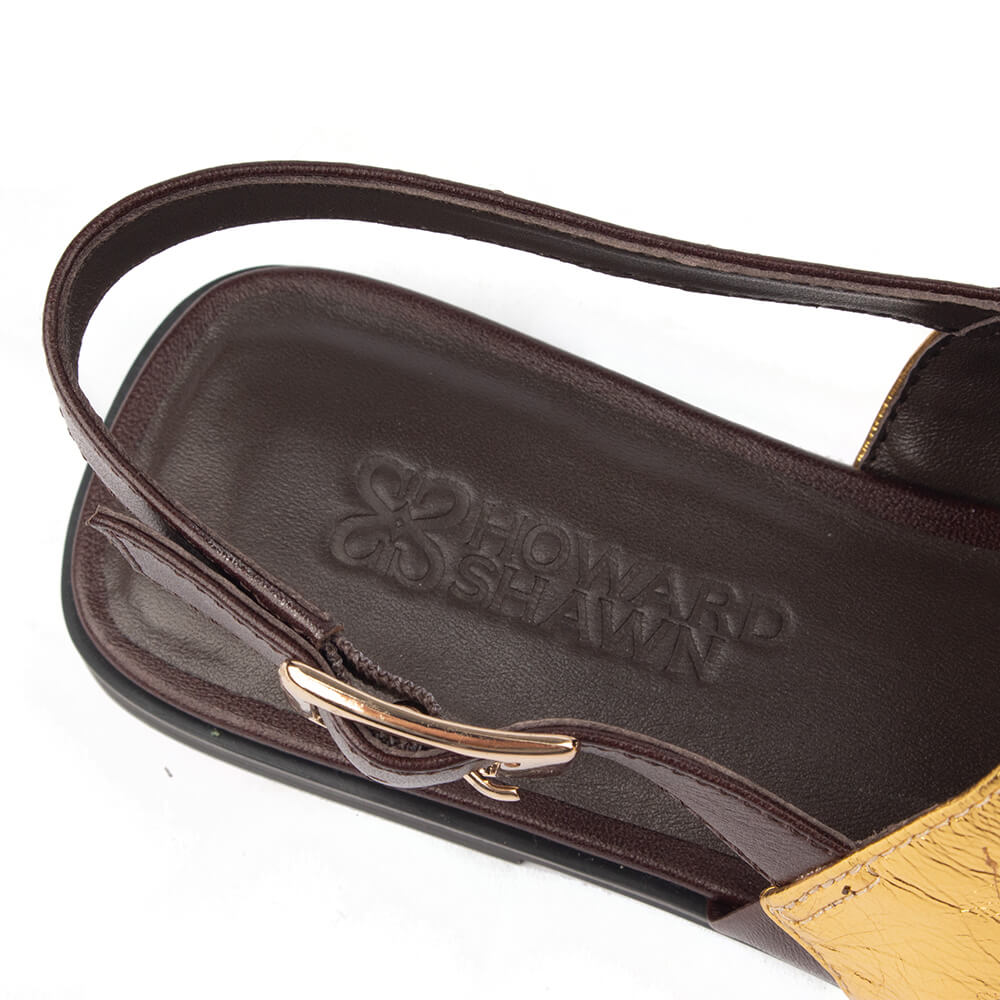 Howard Shawn gold and chocolate flat sandals double buckle open toe