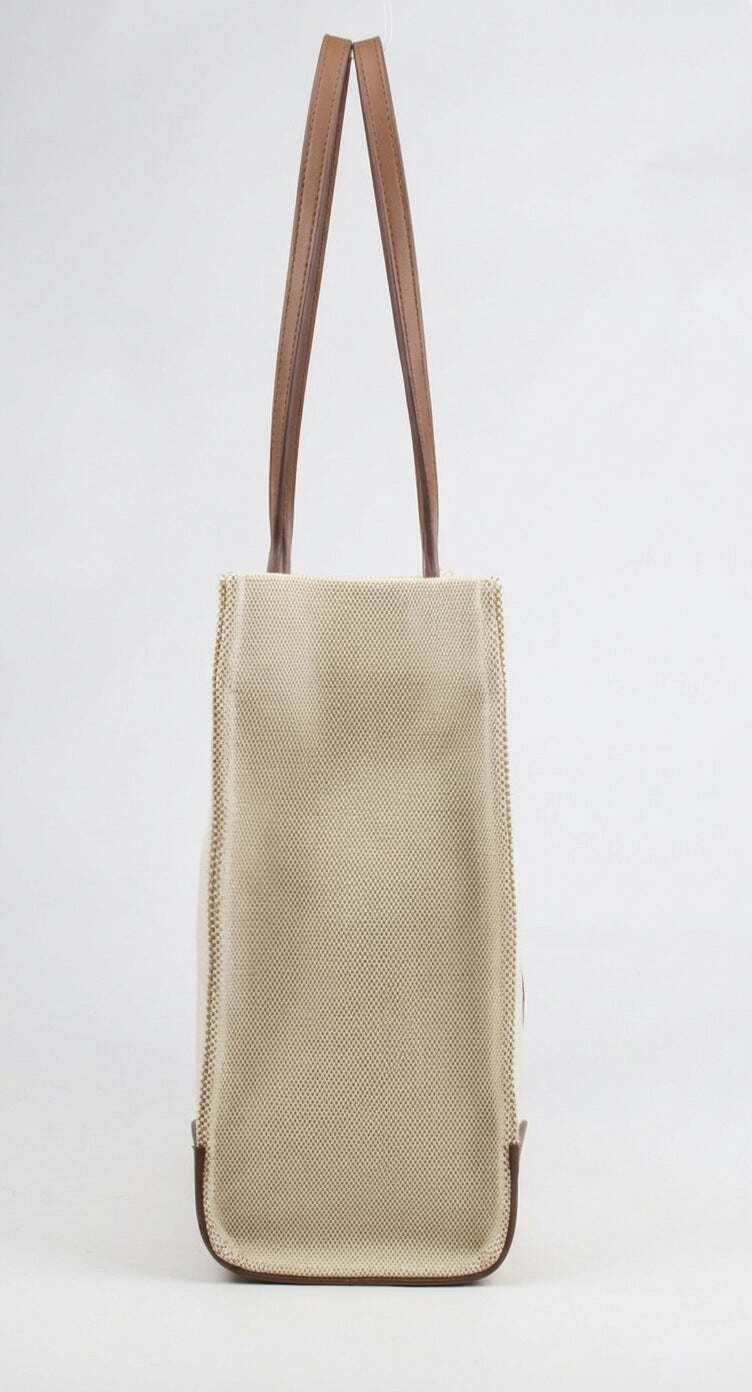 HS logo circular patch canvas tote bag tan leather corner trim women
