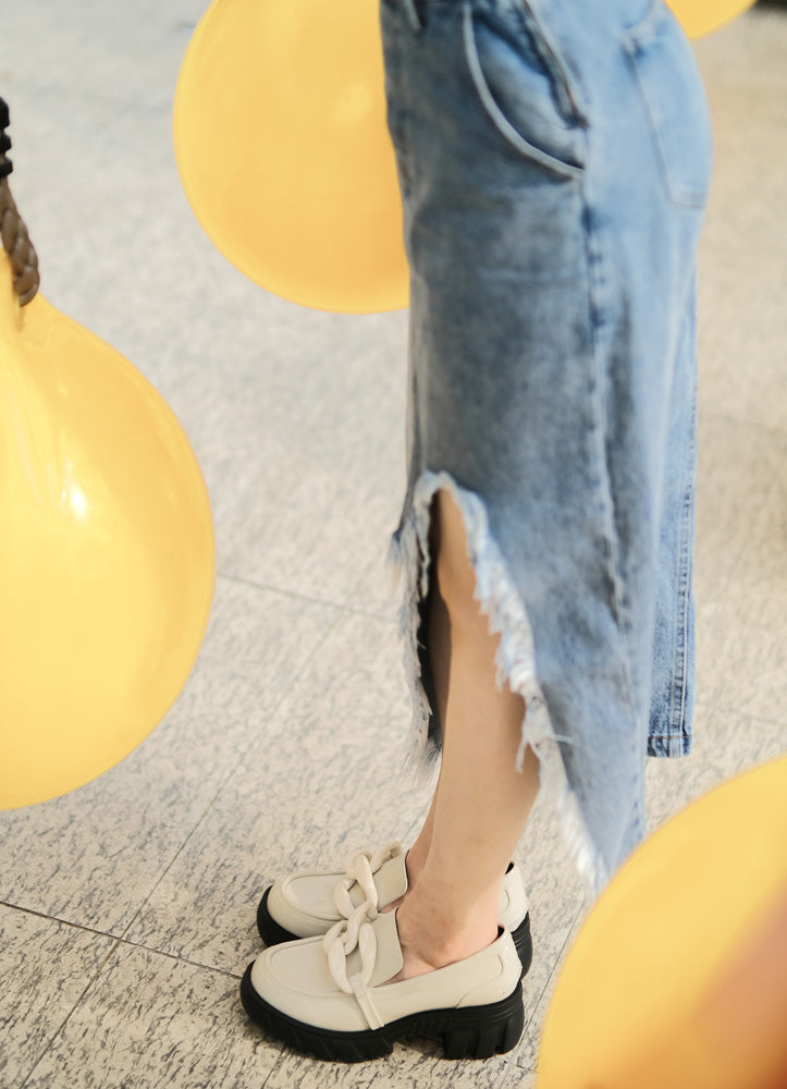 Off-White Patterned Leather Loafers with Big Buckle