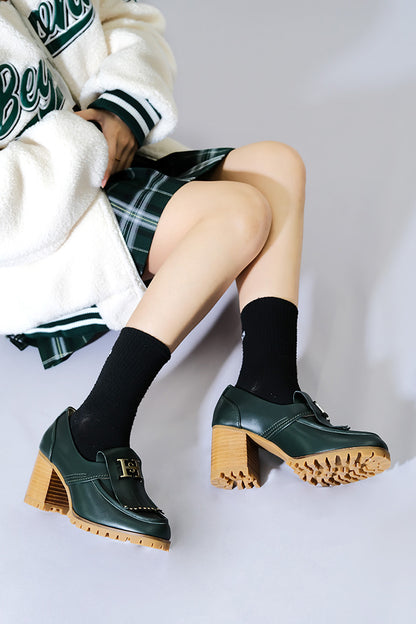 Elegant Green Leather Loafers with 7.5cm Chunky Heel