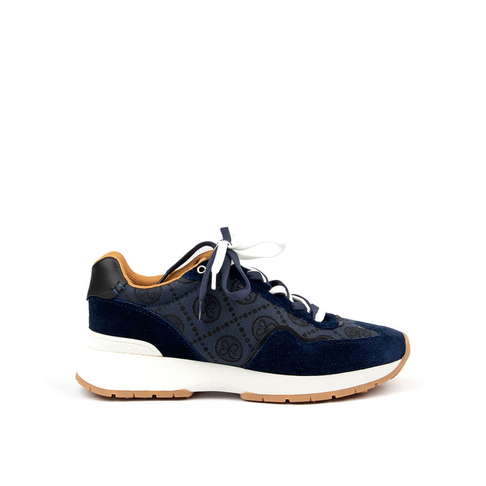 Navy blue monogram sneaker with suede panels white sole and lace-up closure