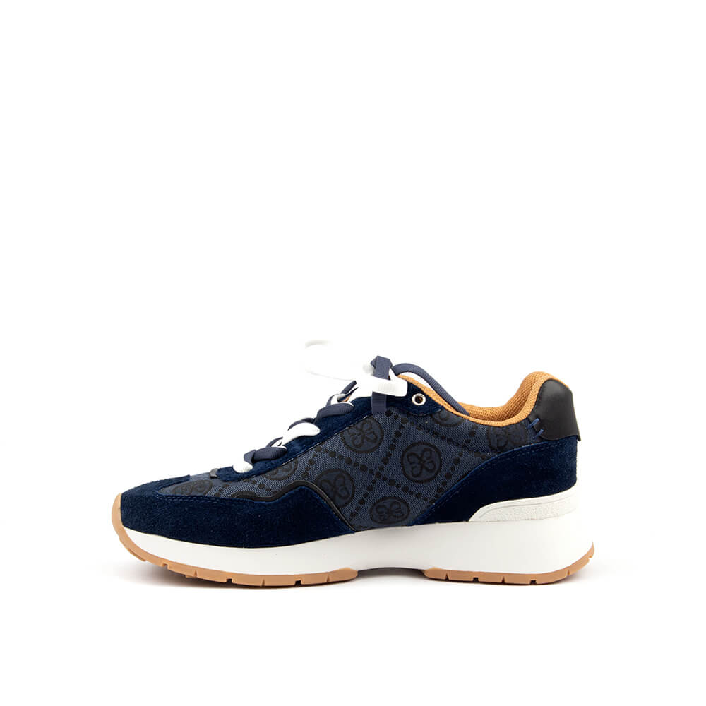 Women's navy logo print runner sneaker with suede trim and gum sole
