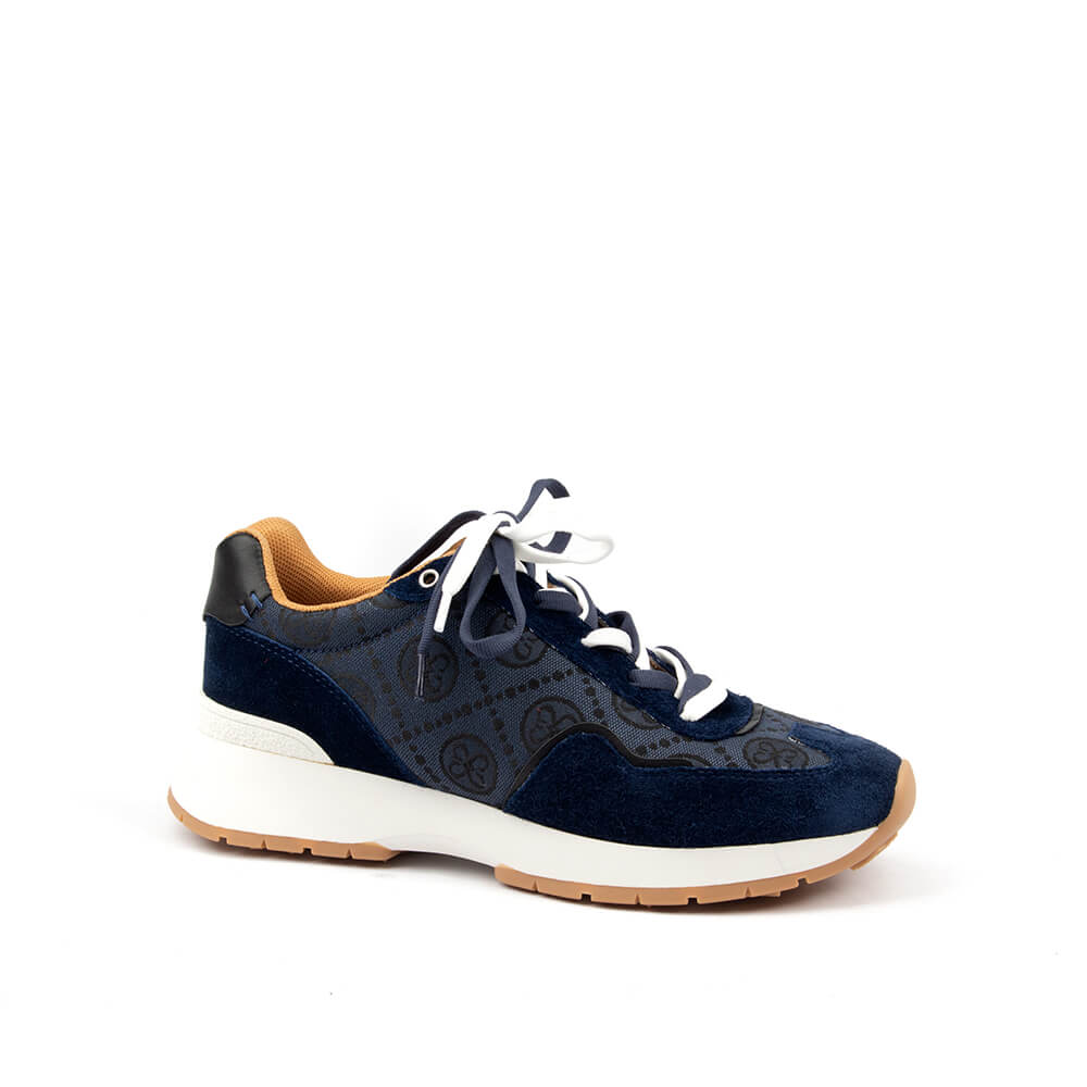 Dark blue jacquard monogram athletic sneaker with white platform sole