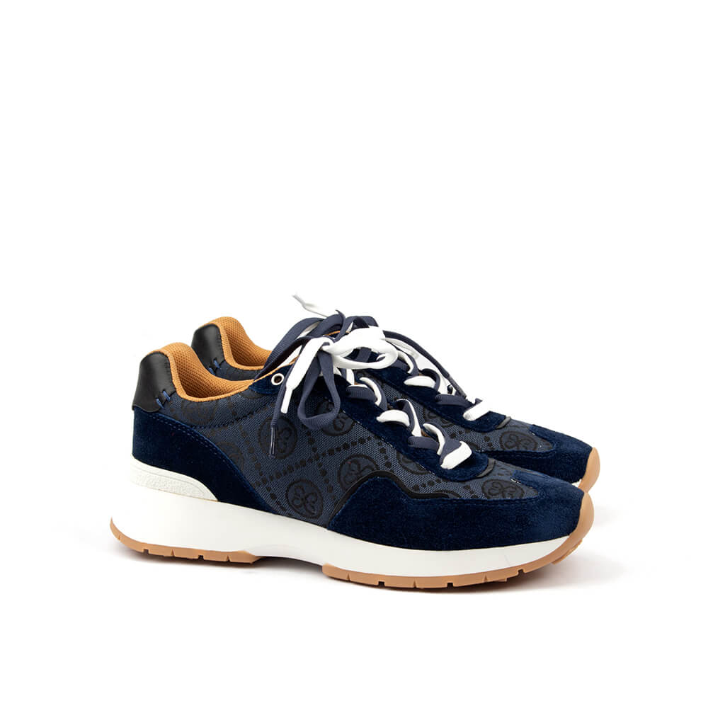 Navy suede and logo fabric lace-up sneaker with tan leather lining detail