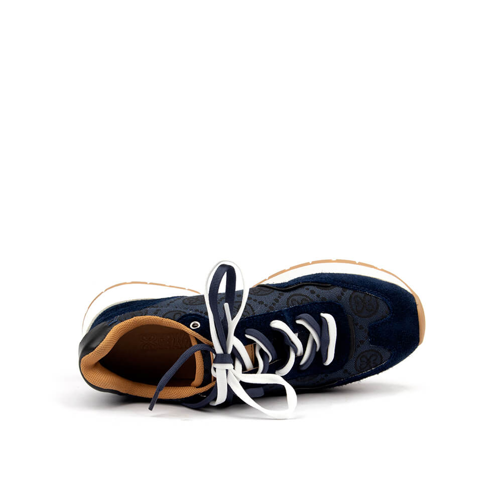 Chic navy monogram sneaker with white sole for casual or athleisure wear