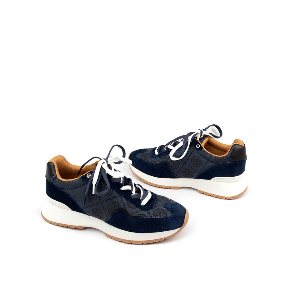 Women's navy blue monogram jacquard sneaker with suede trim and white gum sole