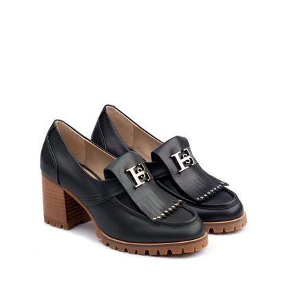 Elegant Black Leather Loafers with 7.5cm Chunky Heel