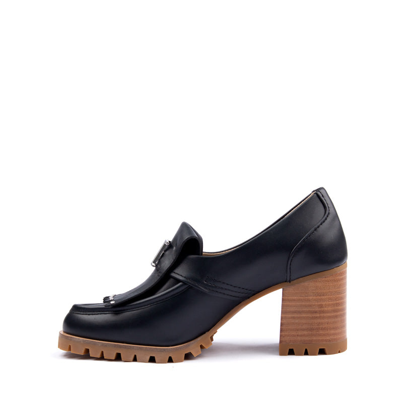 Elegant Black Leather Loafers with 7.5cm Chunky Heel