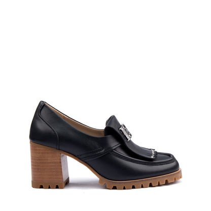 Elegant Black Leather Loafers with 7.5cm Chunky Heel