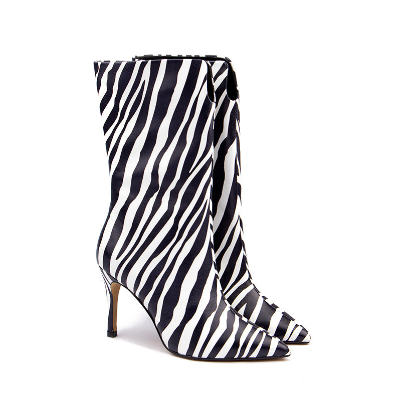 High Heel Mid-Calf Zebra Print Boots | Women's Fashion Footwear