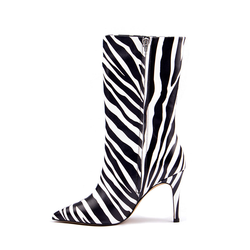 High Heel Mid-Calf Zebra Print Boots | Women's Fashion Footwear